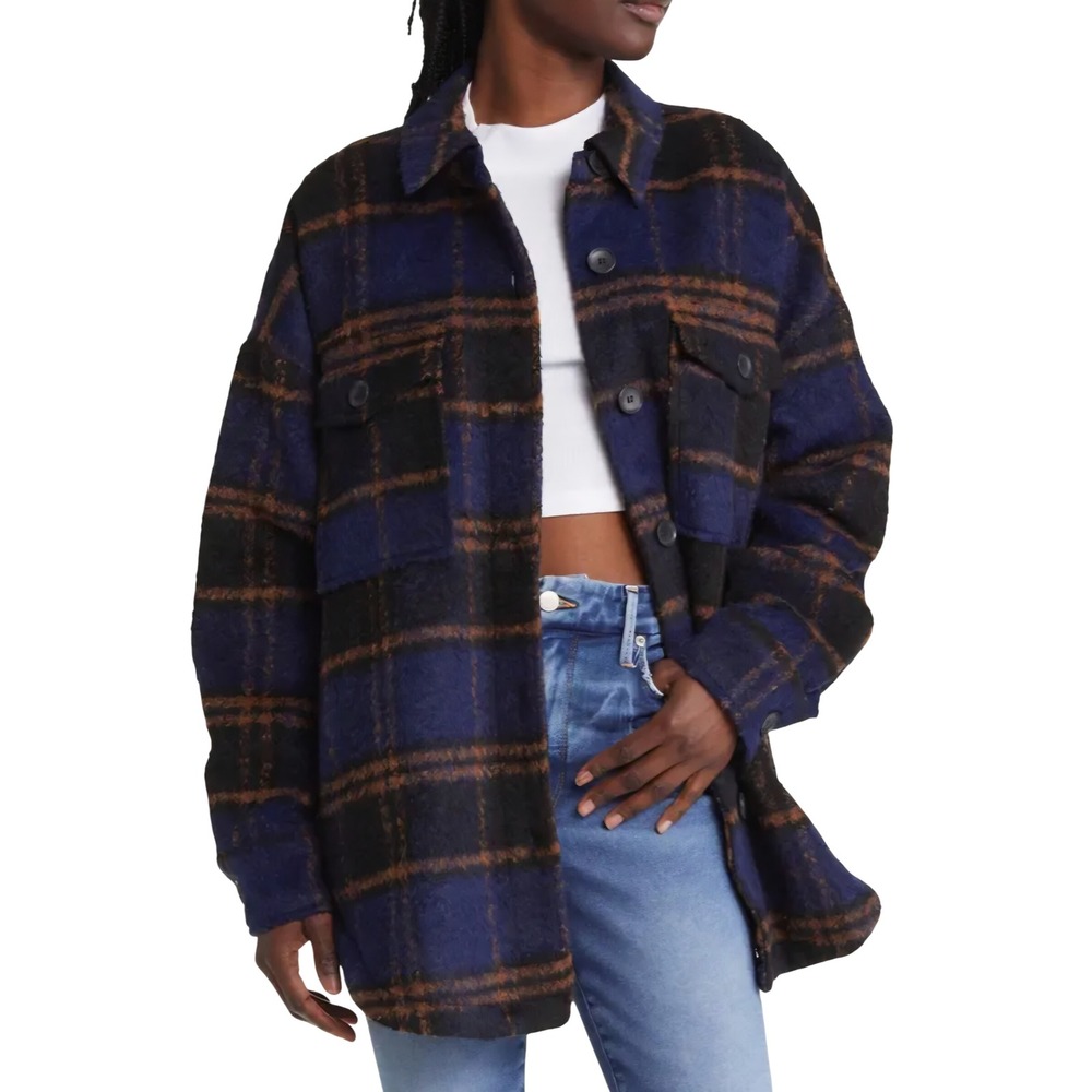 Good American Heavyweight Plaid Shacket Blue Rinse Wool Blend S/M- Size 1/2